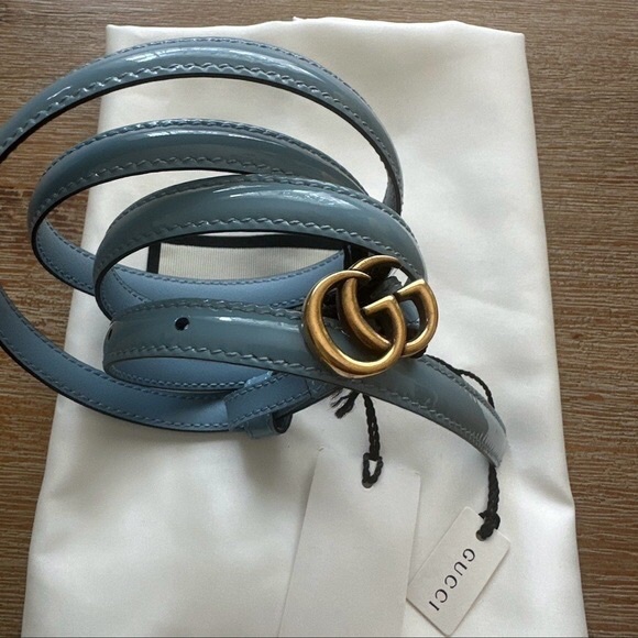 NWT Gucci Patent Leather Blue GG Marmont Slim Belt 100 main image 4